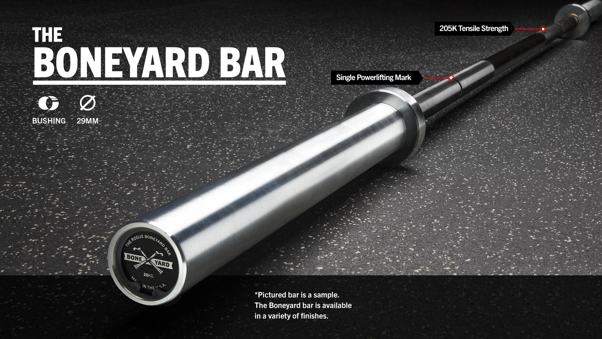 Rogue 29MM Boneyard Bars - Boneyard Rogue 20KG Ohio Power Bar with (Black Zinc Shaft / Bright Zinc Sleeve)