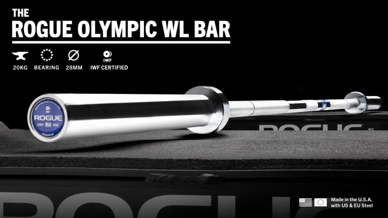 Rogue Fitness 28MM IWF Olympic Weightlifting Bar w/ Center Knurl - Bright Zinc Model reference · options at Rogue