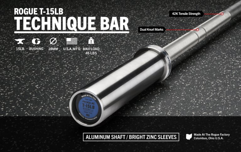 Rogue Fitness T-15LB Technique Bar Model reference · options at Rogue