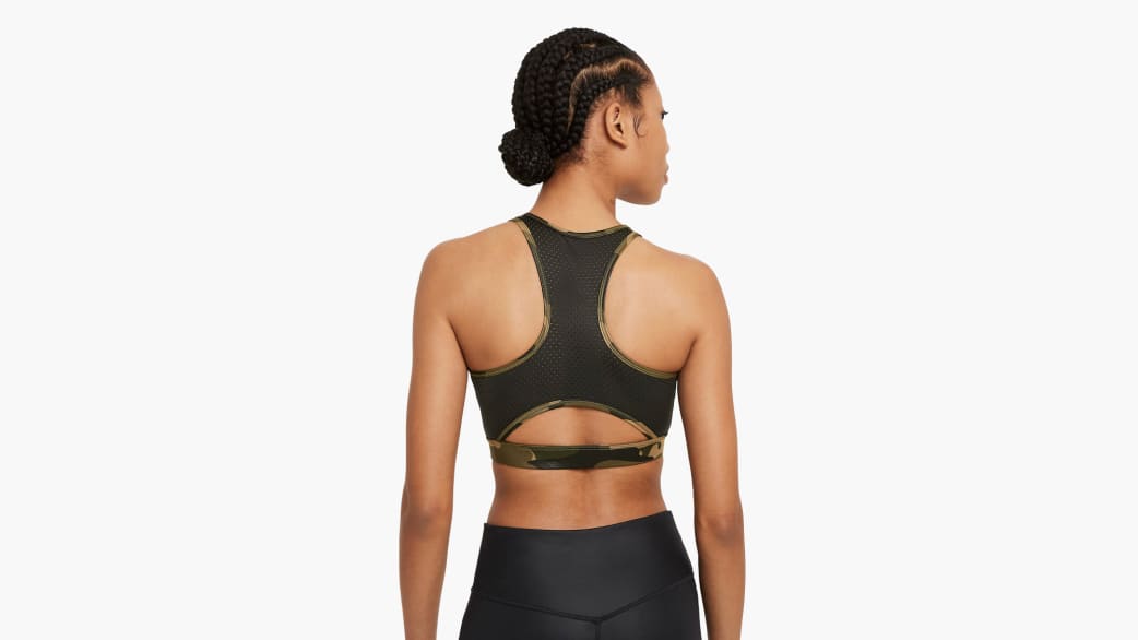 Nike Women's Dri-FIT High Neck Swoosh Sports Bra - Medium Olive / Black /  White