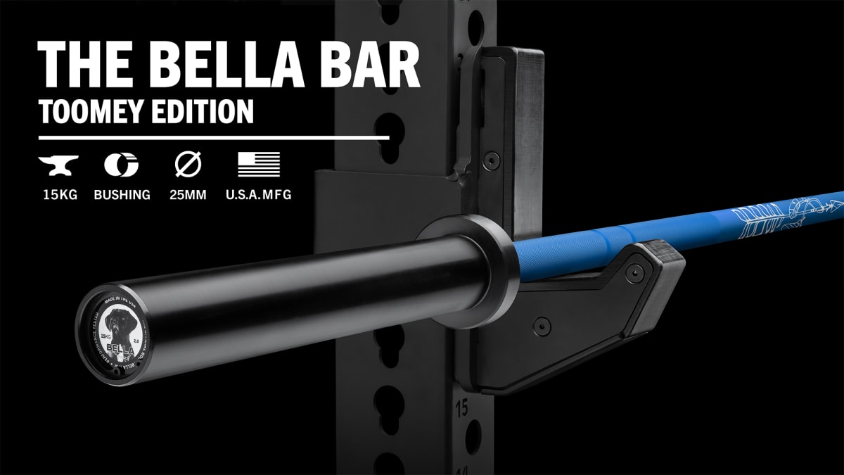 Bella Bar edición Toomey — Cerakote azul, mangas mate negro, specs 15KG / 25MM / bushing / USA