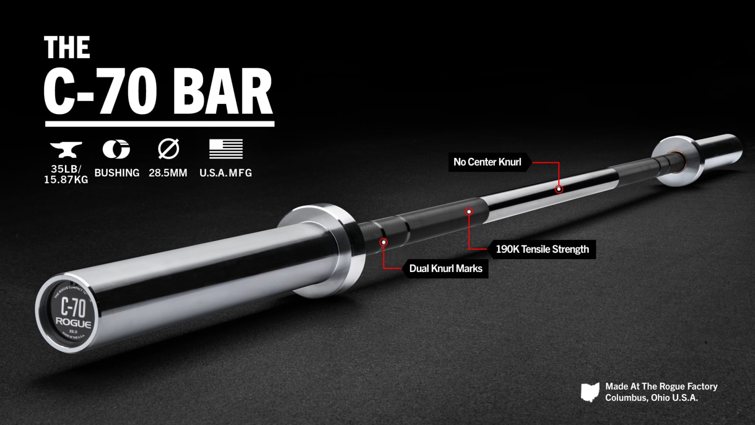 Rogue C-70 Bar - Shorty 70 Barbell - Weightlifting / CrossFit