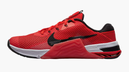 Nike Metcon 7 - Men's - Chile Red / Magic Ember / White / Black side view on white background