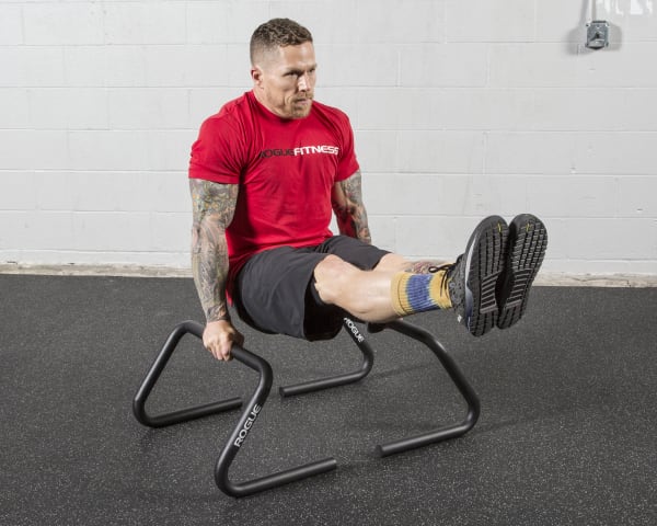 Athlete holding an L-sit on the Rogue Formed Parallette Set