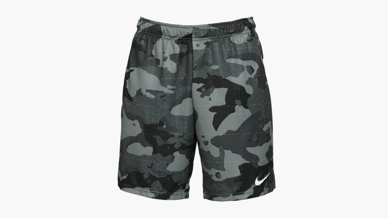 Nike Men's Dri-FIT Camo Shorts 5.0 - Smoke Gray / White shown on a white background