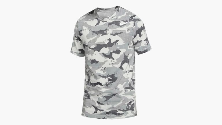 Nike Men's Dri-FIT Camo Training T-Shirt - Gray Fog shown on a white background