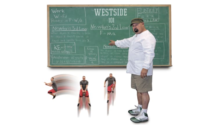 Louie Simmons in front of chalk board with formulas and athlete performing exercises 